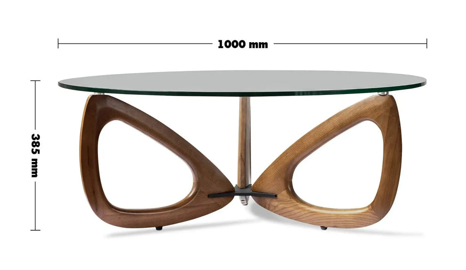 Japandi tempered glass coffee table petal size charts.