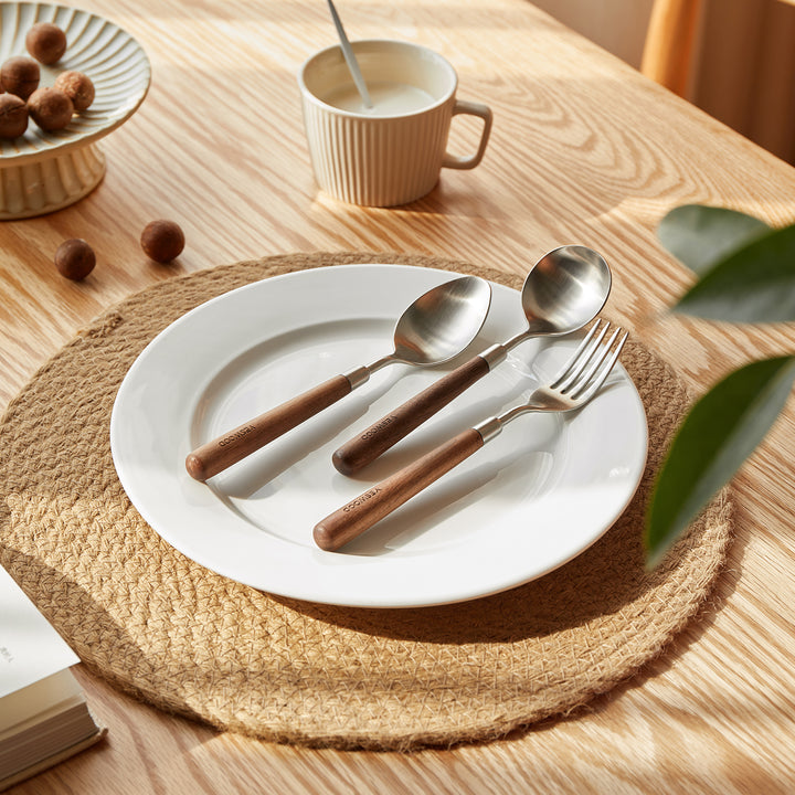 Japandi walnut wood 304 stainless steel spoon and fork 2in1 set woodland primary product view.