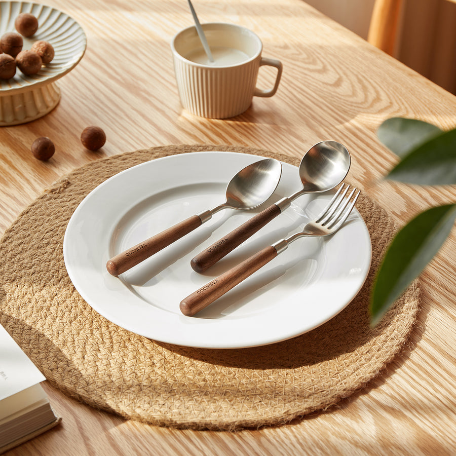 Japandi walnut wood 304 stainless steel spoon and fork 2in1 set woodland primary product view.