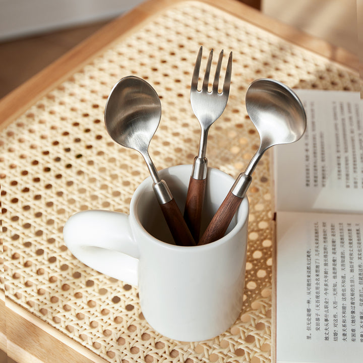 Japandi walnut wood 304 stainless steel spoon and fork 2in1 set woodland size charts.