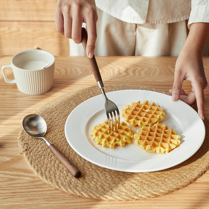 Japandi walnut wood 304 stainless steel spoon and fork 2in1 set woodland material variants.
