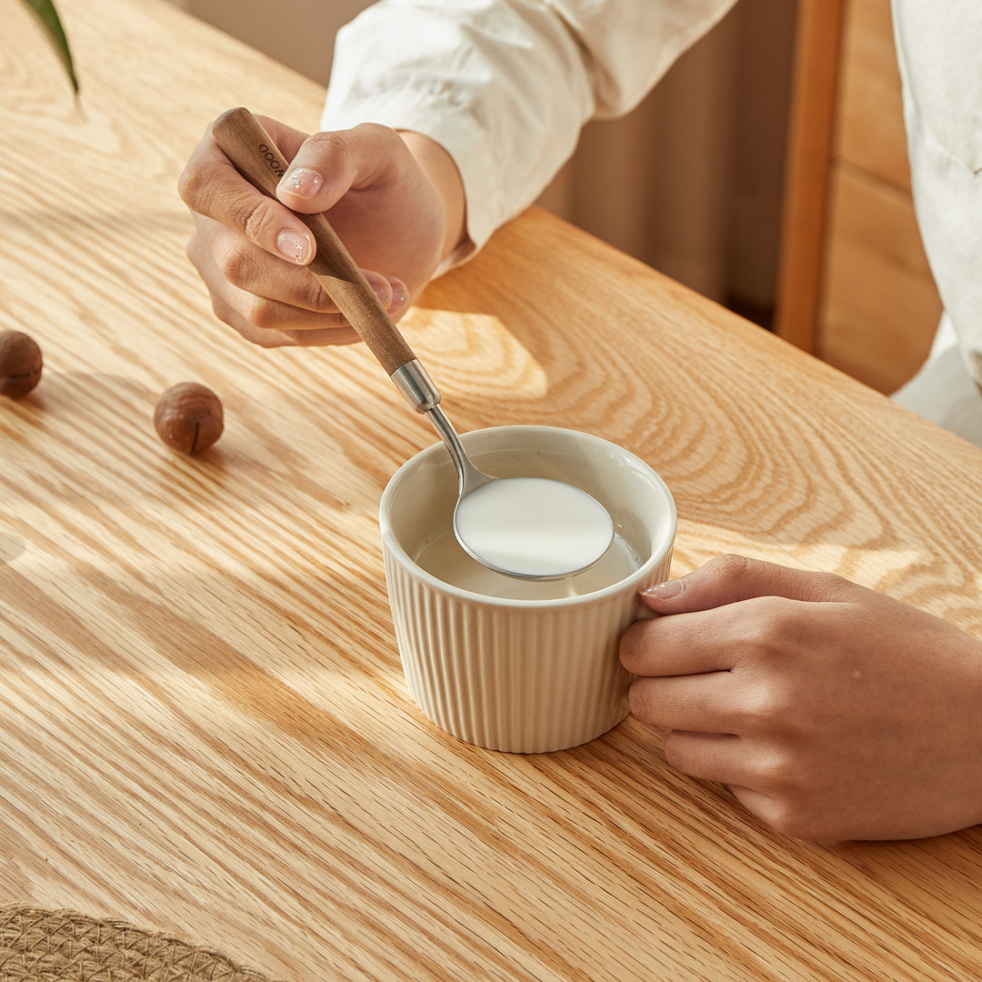 Japandi walnut wood 304 stainless steel spoon and fork 2in1 set woodland in real life style.