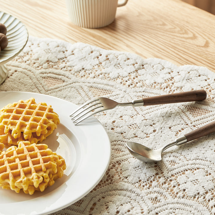 Japandi walnut wood 304 stainless steel spoon and fork 2in1 set woodland with context.