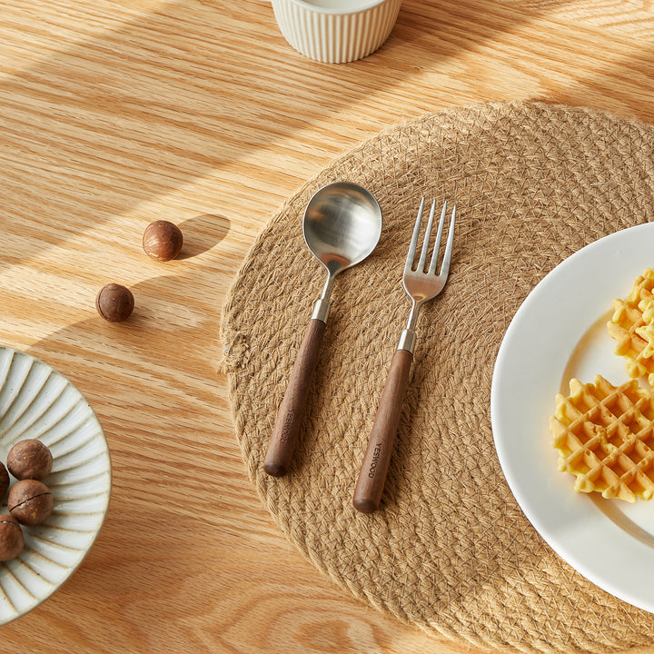 Japandi walnut wood 304 stainless steel spoon and fork 2in1 set woodland in details.
