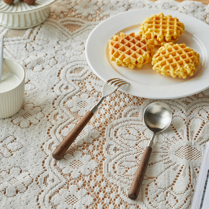 Japandi walnut wood 304 stainless steel spoon and fork 2in1 set woodland in close up details.
