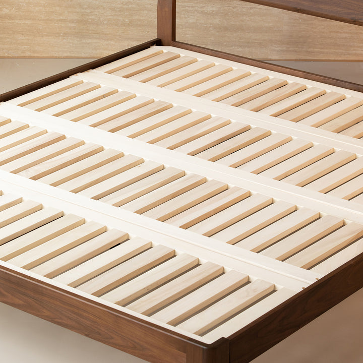 Japandi walnut wood bed dune environmental situation.