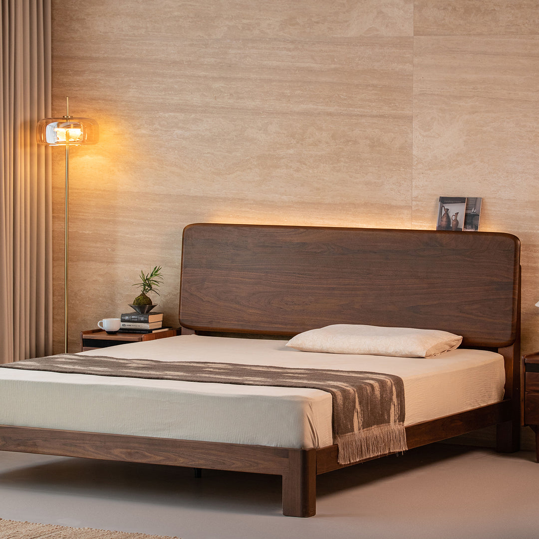 Japandi walnut wood bed dune size charts.
