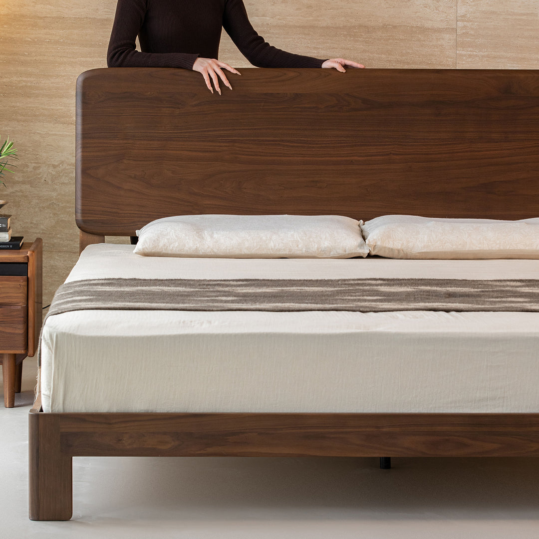 Japandi walnut wood bed dune material variants.