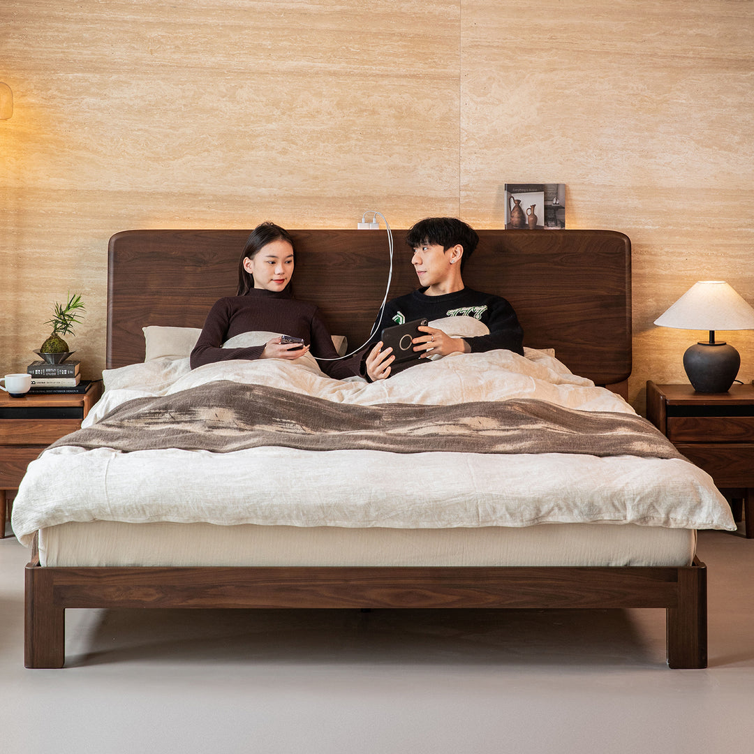 Japandi walnut wood bed dune with context.