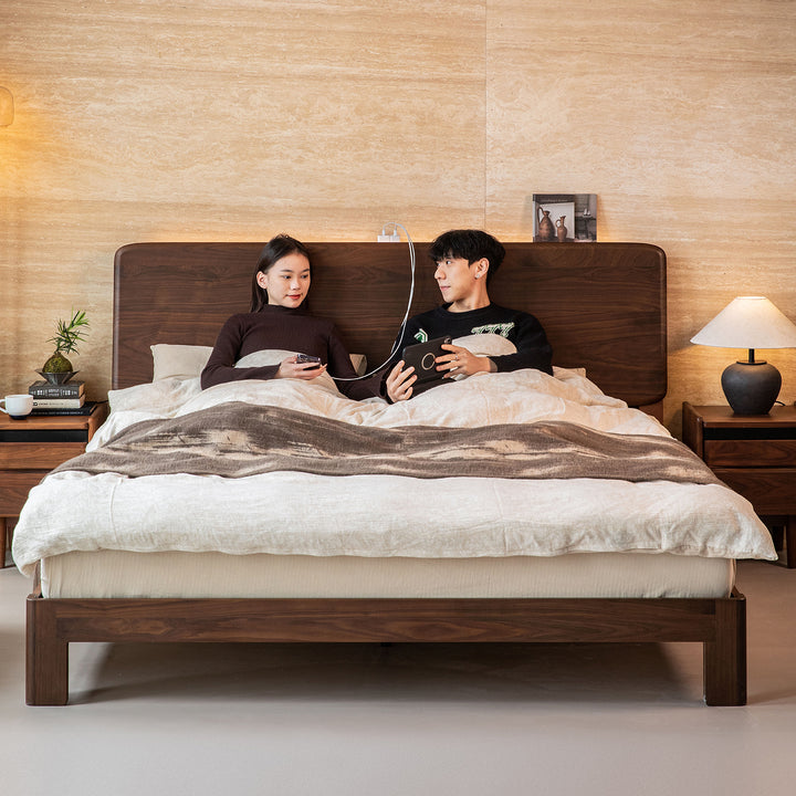 Japandi walnut wood bed dune with context.