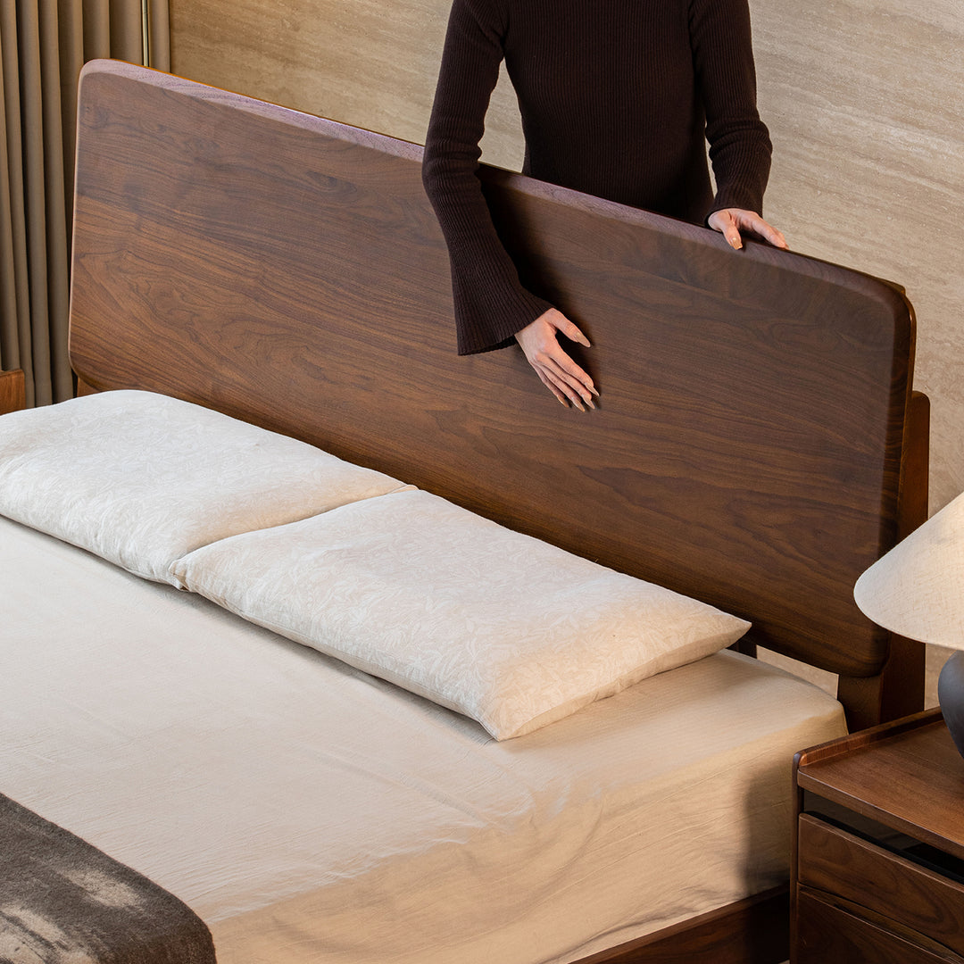 Japandi walnut wood bed dune in details.