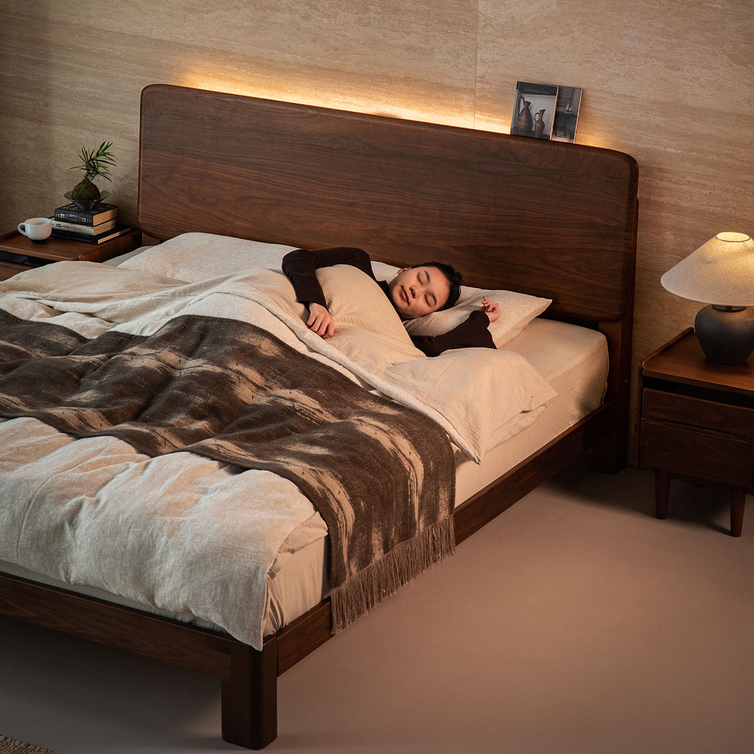Japandi walnut wood bed dune in panoramic view.