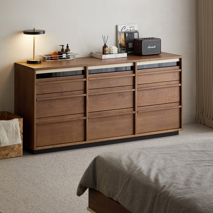 Japandi walnut wood chest of 9 drawers axis primary product view.