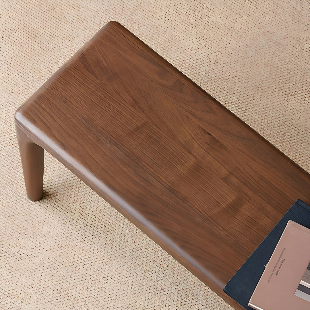 Japandi walnut wood dining bench conti in still life.