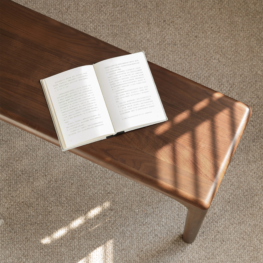 Japandi walnut wood dining bench conti material variants.