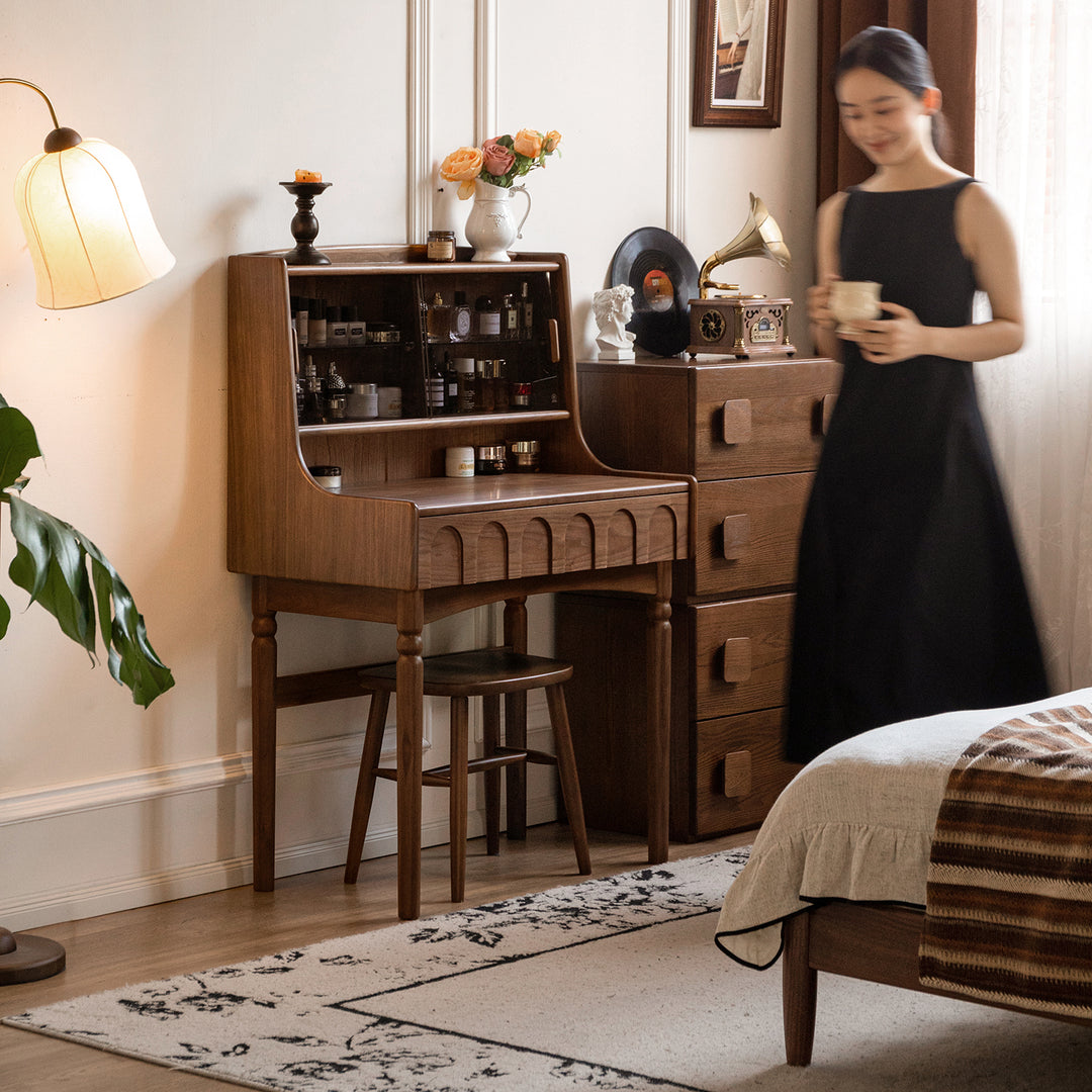 Japandi walnut wood dressing table anna primary product view.