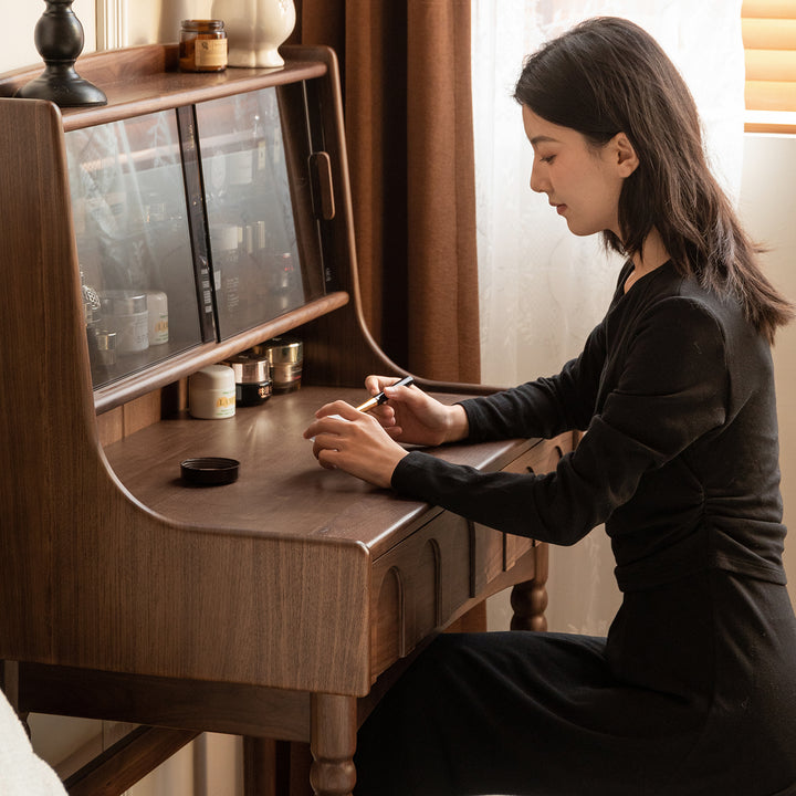 Japandi walnut wood dressing table anna color swatches.