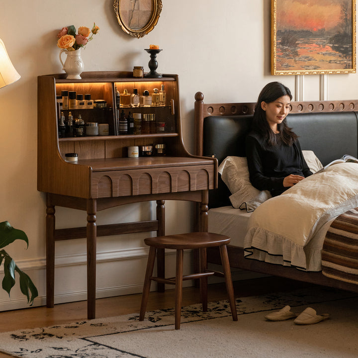 Japandi walnut wood dressing table anna with context.