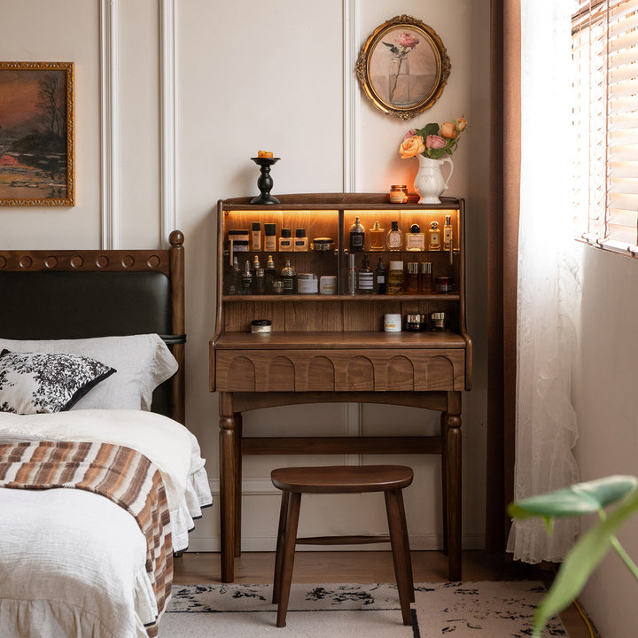 Japandi walnut wood dressing table anna in details.