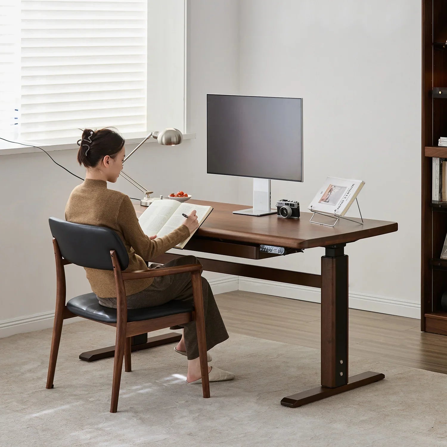 Multi Level Adjustable Study Table Japandi Walnut Wood Electric Height Adjustable Study Table CLOUD LIFTI ...