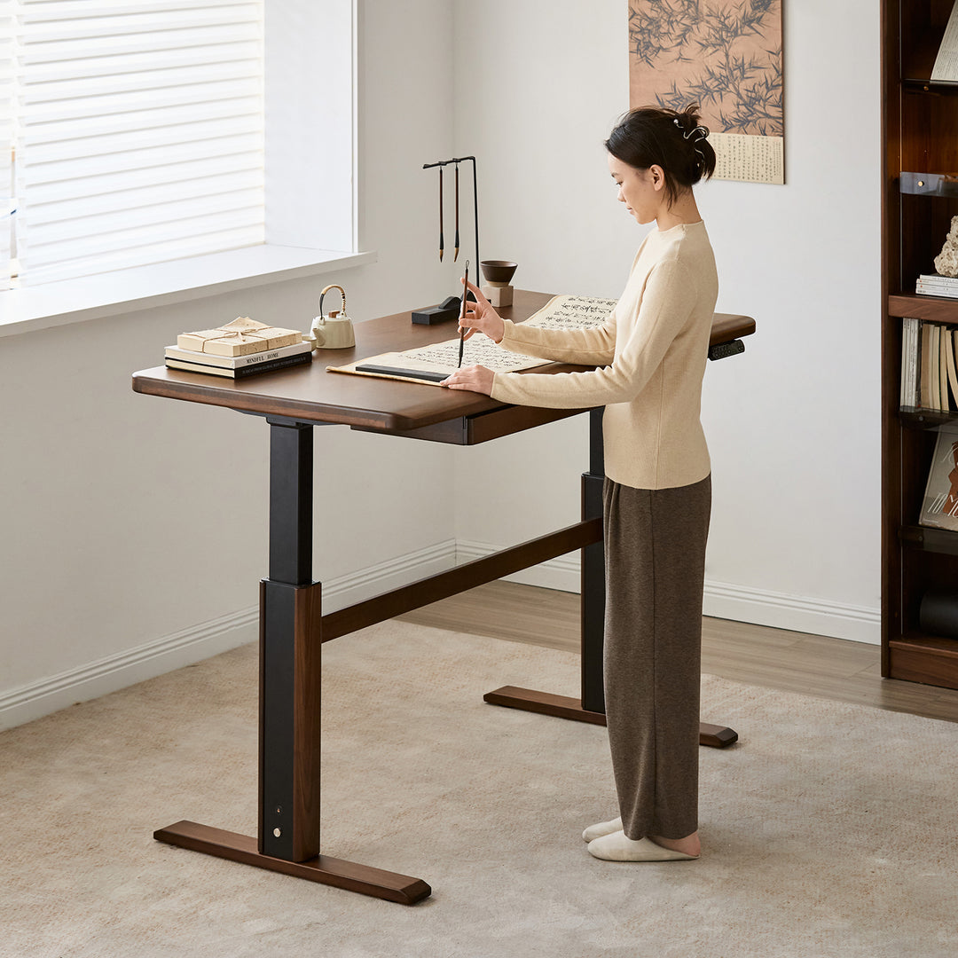 Japandi walnut wood electric height adjustable study table cloud lifting material variants.