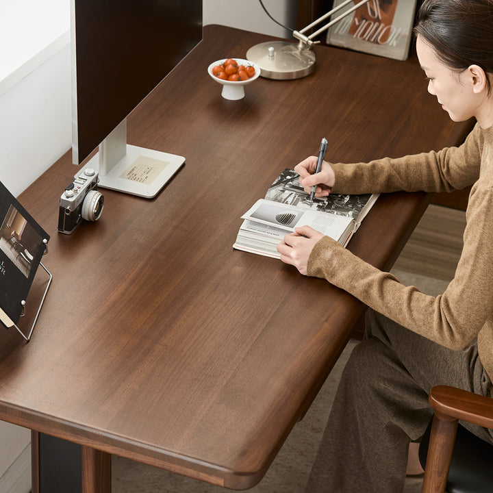 Japandi walnut wood electric height adjustable study table cloud lifting in details.