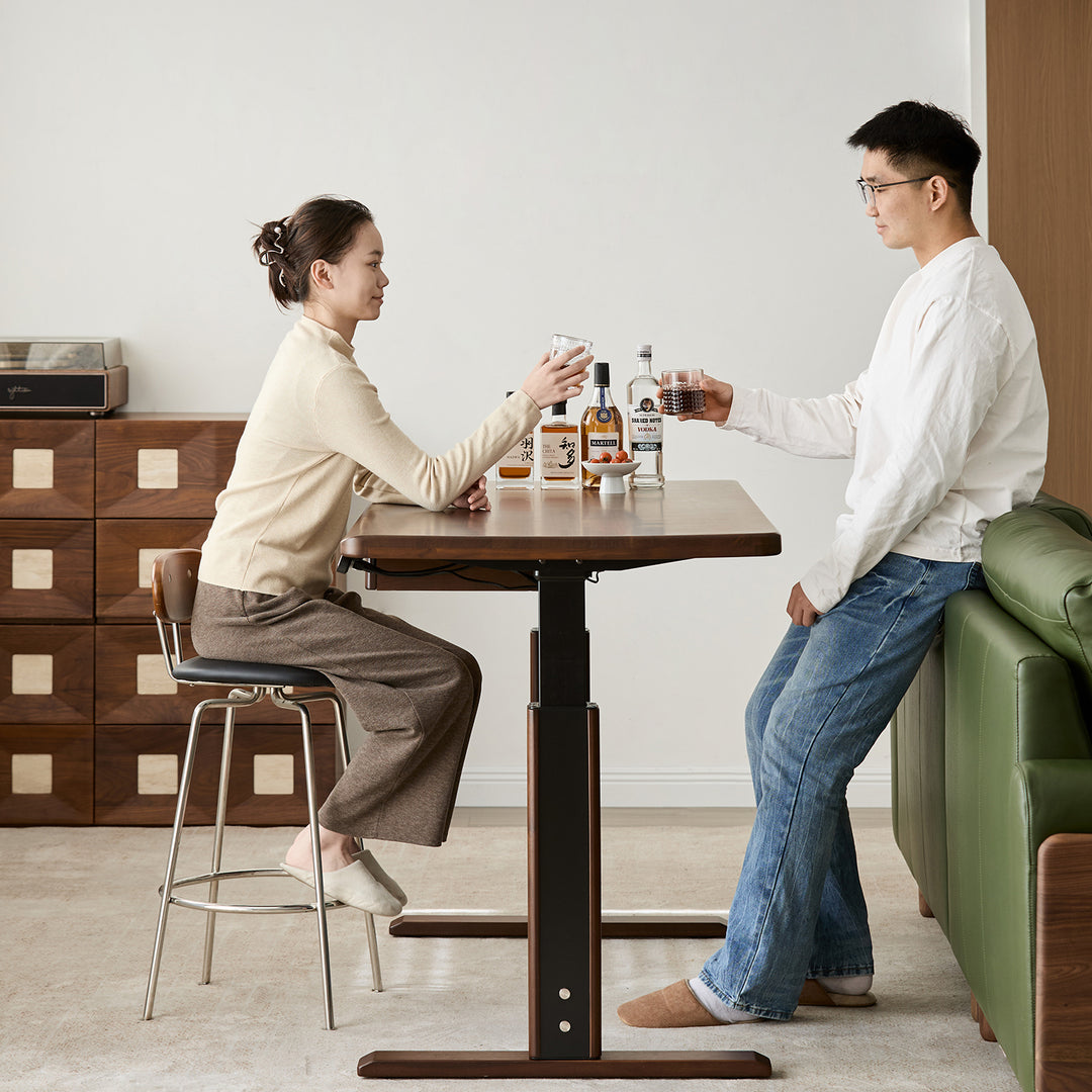 Japandi walnut wood electric height adjustable study table cloud lifting in panoramic view.
