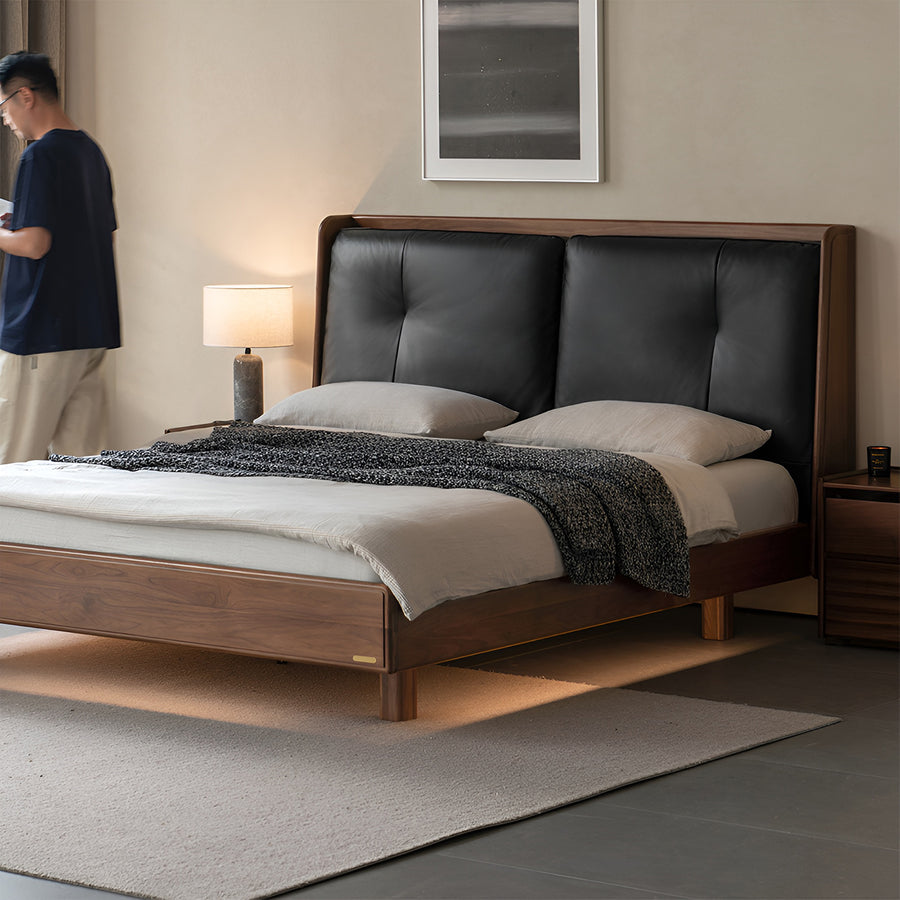 Japandi walnut wood genuine leather bed noir primary product view.