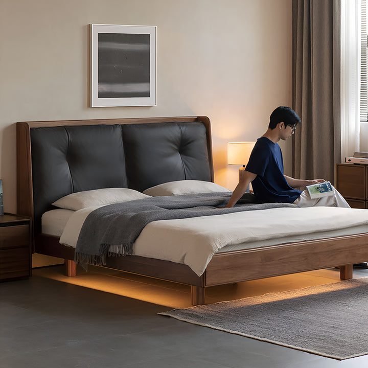 Japandi walnut wood genuine leather bed noir size charts.