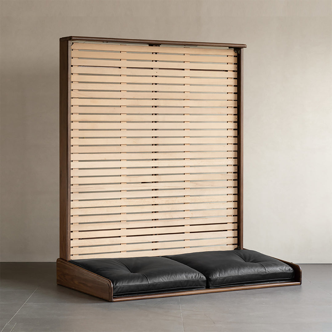 Japandi walnut wood genuine leather bed noir detail 1.