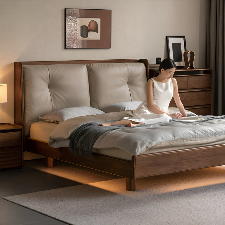 Japandi walnut wood genuine leather bed noir material variants.