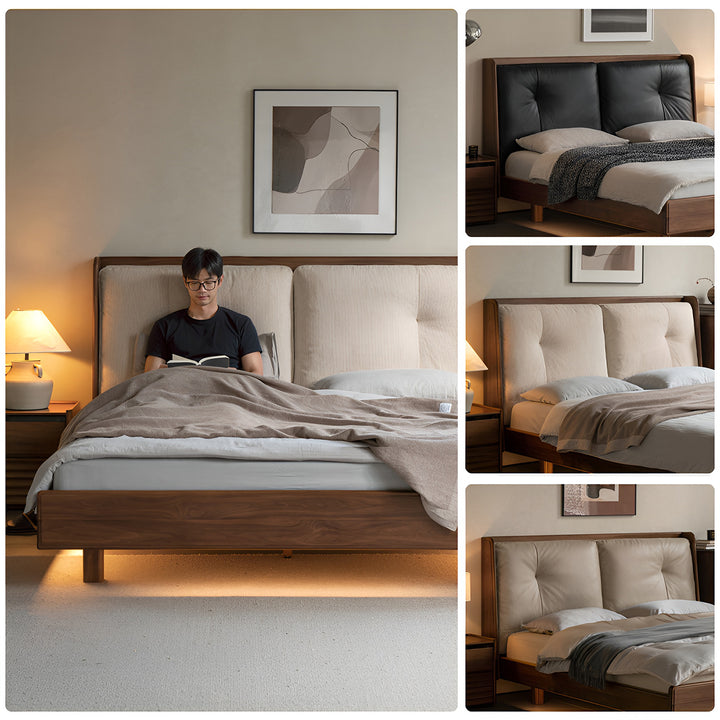 Japandi walnut wood genuine leather bed noir with context.