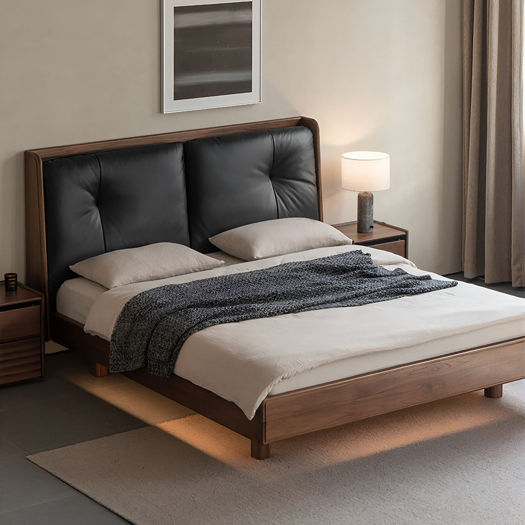Japandi walnut wood genuine leather bed noir in close up details.