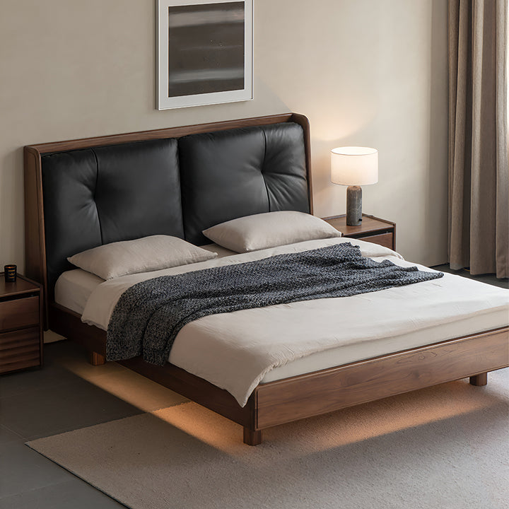 Japandi walnut wood genuine leather bed noir in close up details.