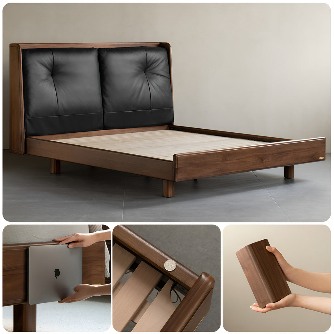Japandi walnut wood genuine leather bed noir layered structure.