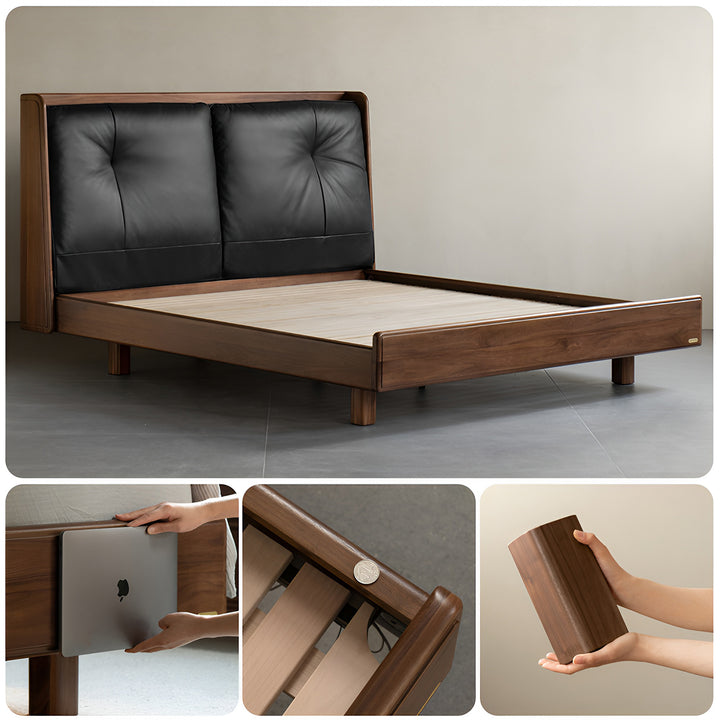 Japandi walnut wood genuine leather bed noir layered structure.