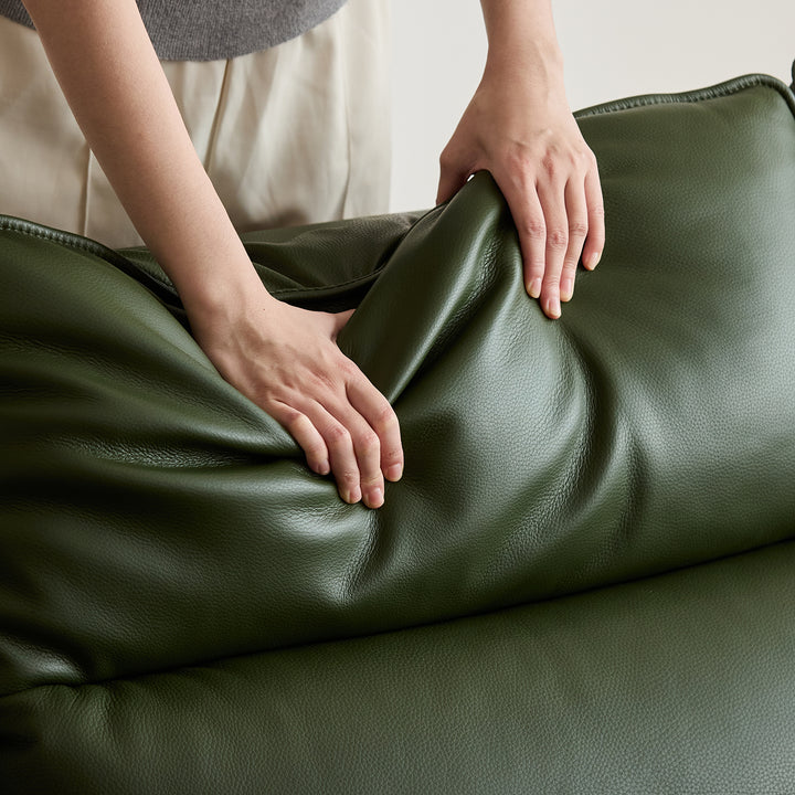 Japandi walnut wood genuine leather electric recliner 3 seater sofa edgeless in still life.