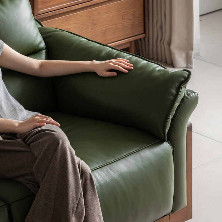 Japandi walnut wood genuine leather electric recliner 3 seater sofa edgeless material variants.