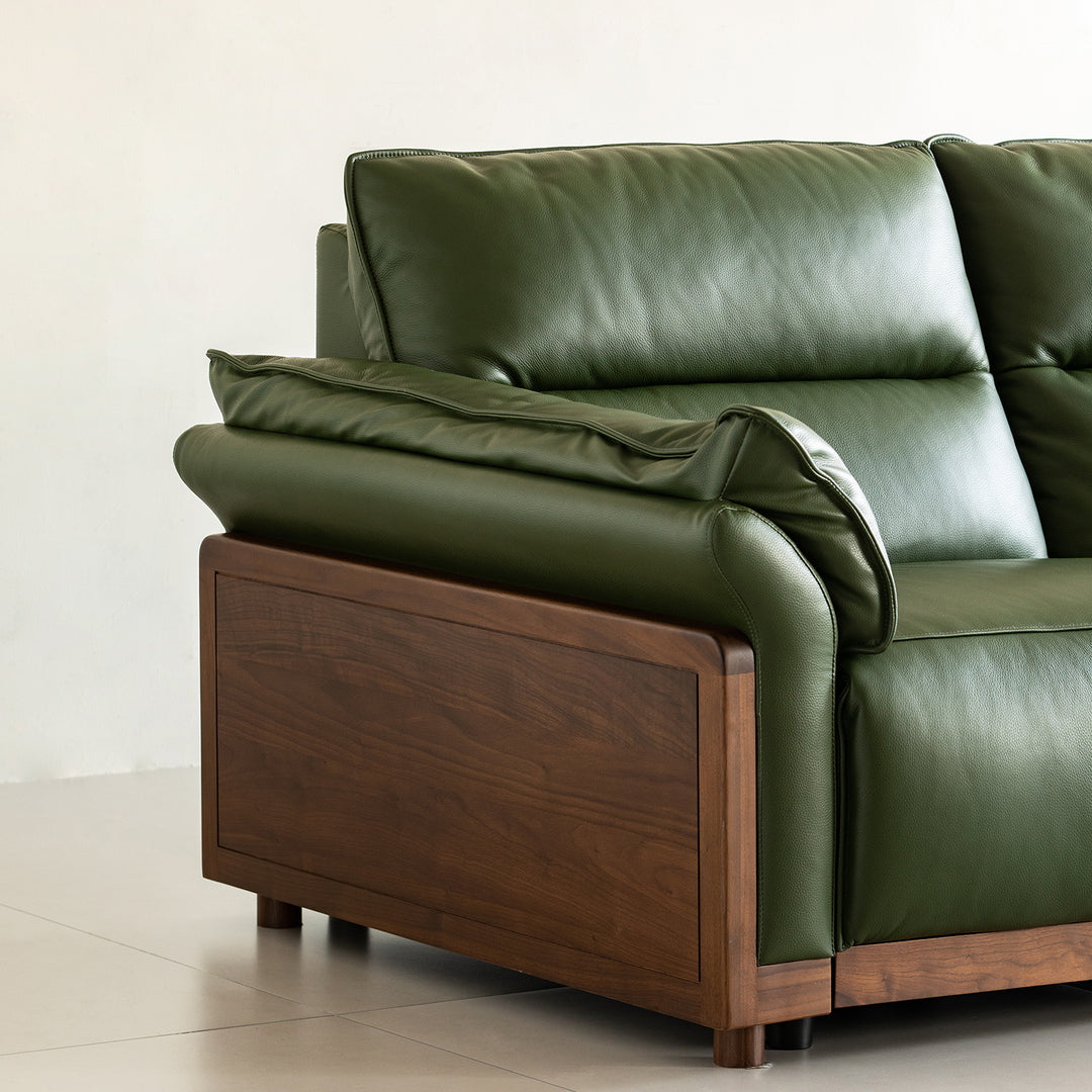 Japandi walnut wood genuine leather electric recliner 3 seater sofa edgeless in real life style.