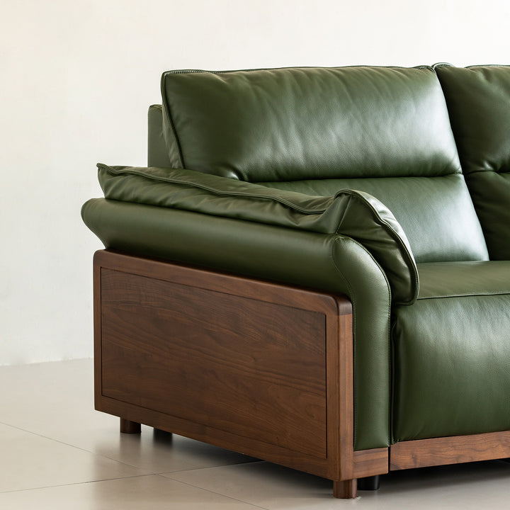 Japandi walnut wood genuine leather electric recliner 3 seater sofa edgeless in real life style.