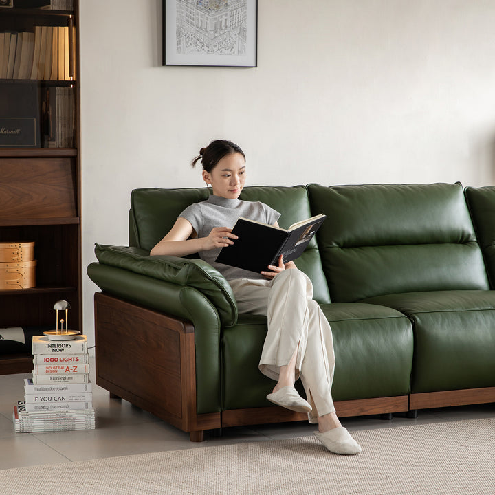 Japandi walnut wood genuine leather electric recliner 3 seater sofa edgeless in details.