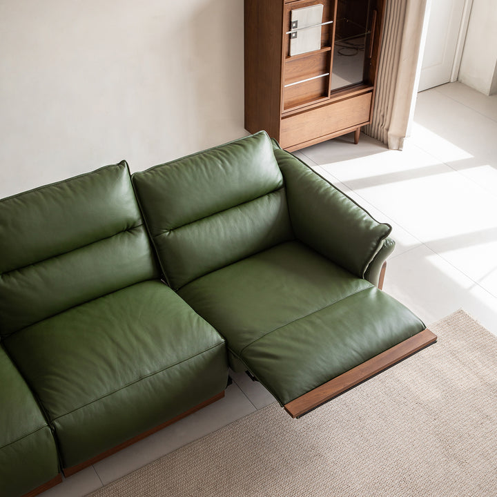 Japandi walnut wood genuine leather electric recliner 3 seater sofa edgeless in panoramic view.