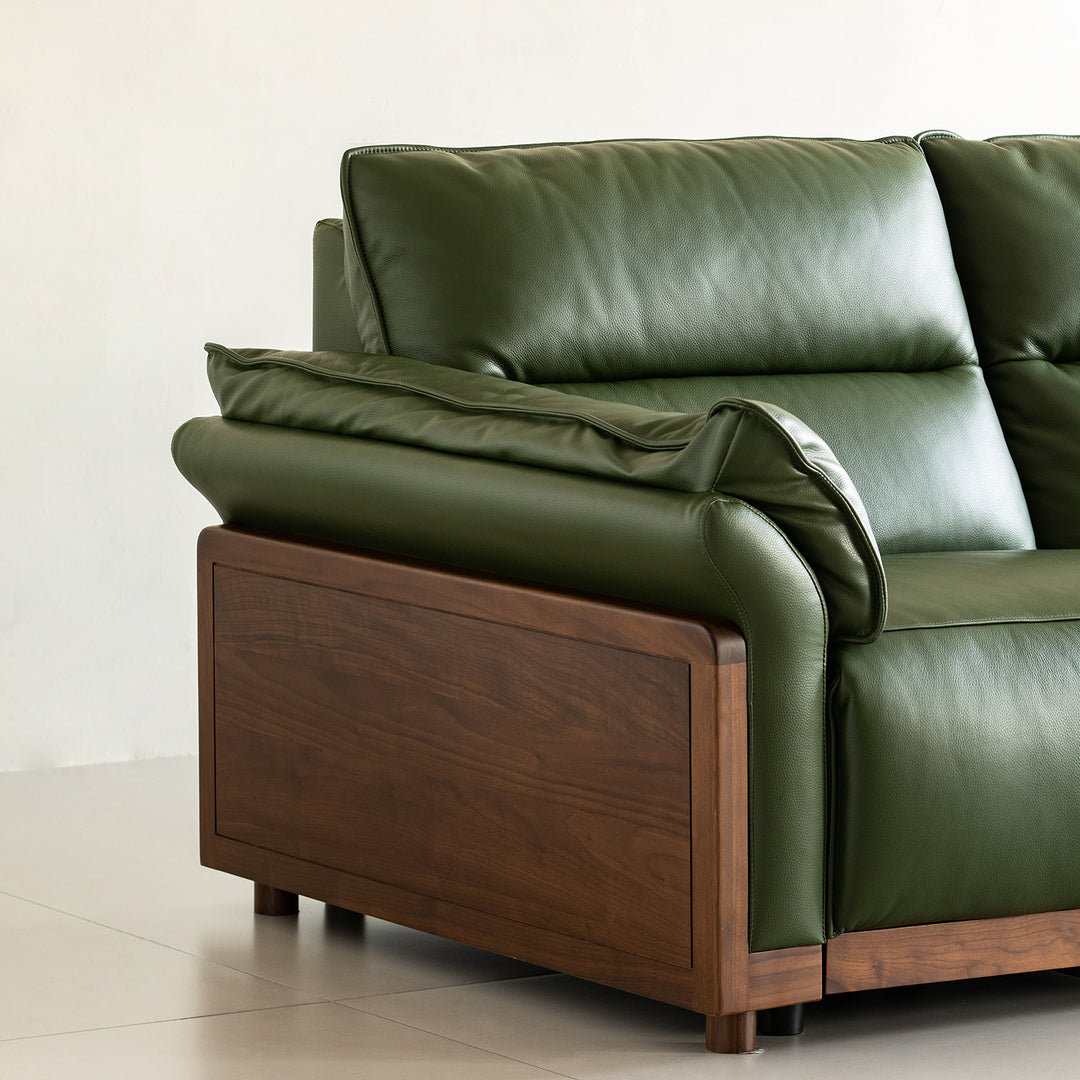 Japandi walnut wood genuine leather electric recliner 4 seater sofa edgeless with context.