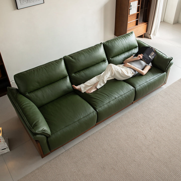 Japandi walnut wood genuine leather electric recliner 4 seater sofa edgeless in still life.