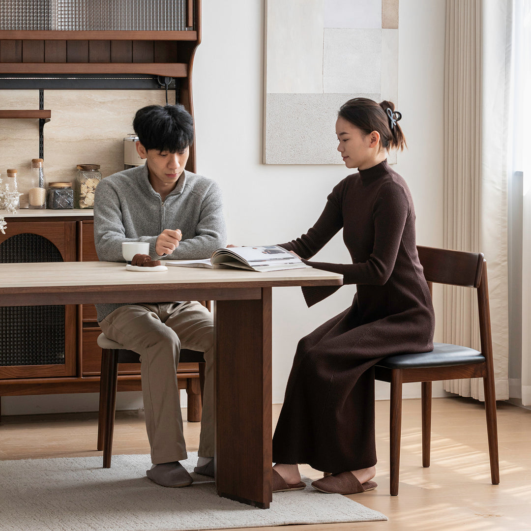 Japandi walnut wood microfiber leather dining chair green material variants.