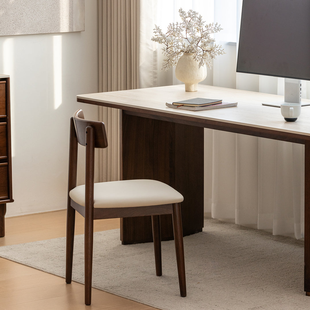 Japandi walnut wood microfiber leather dining chair green in real life style.