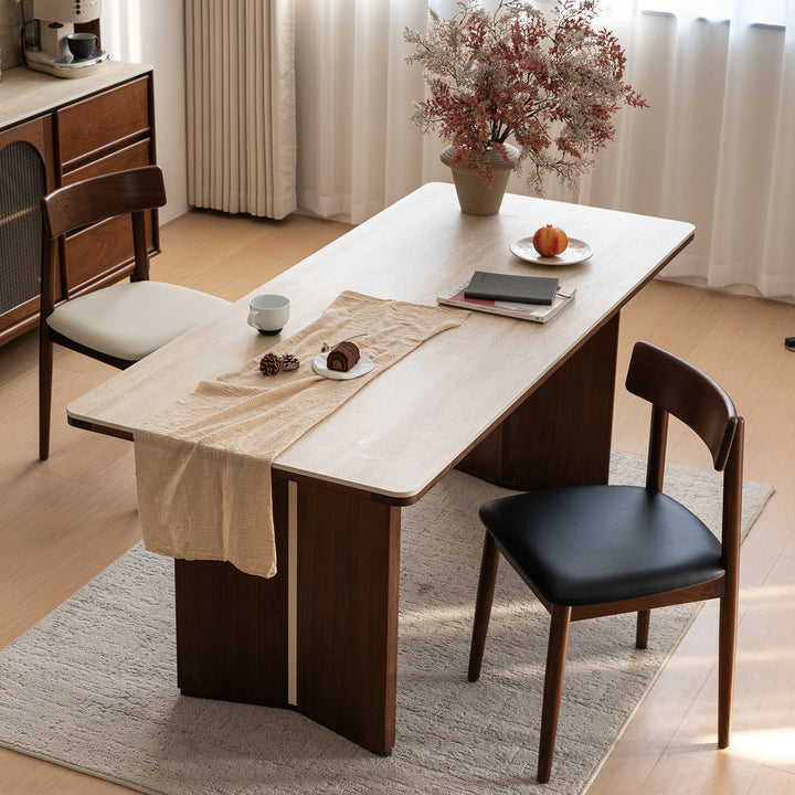 Japandi walnut wood microfiber leather dining chair green in panoramic view.