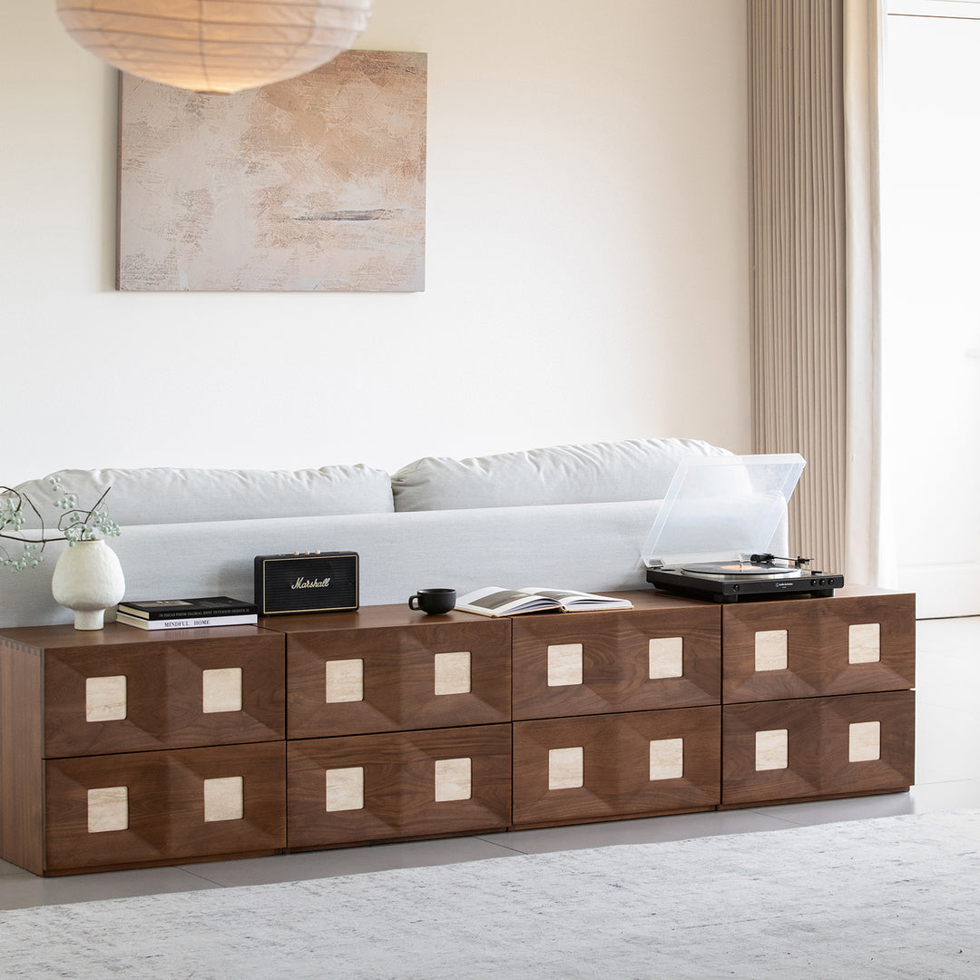 Japandi walnut wood modular cabinet solo with context.