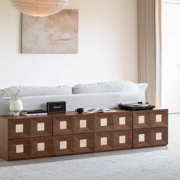 Japandi walnut wood modular cabinet solo with context.