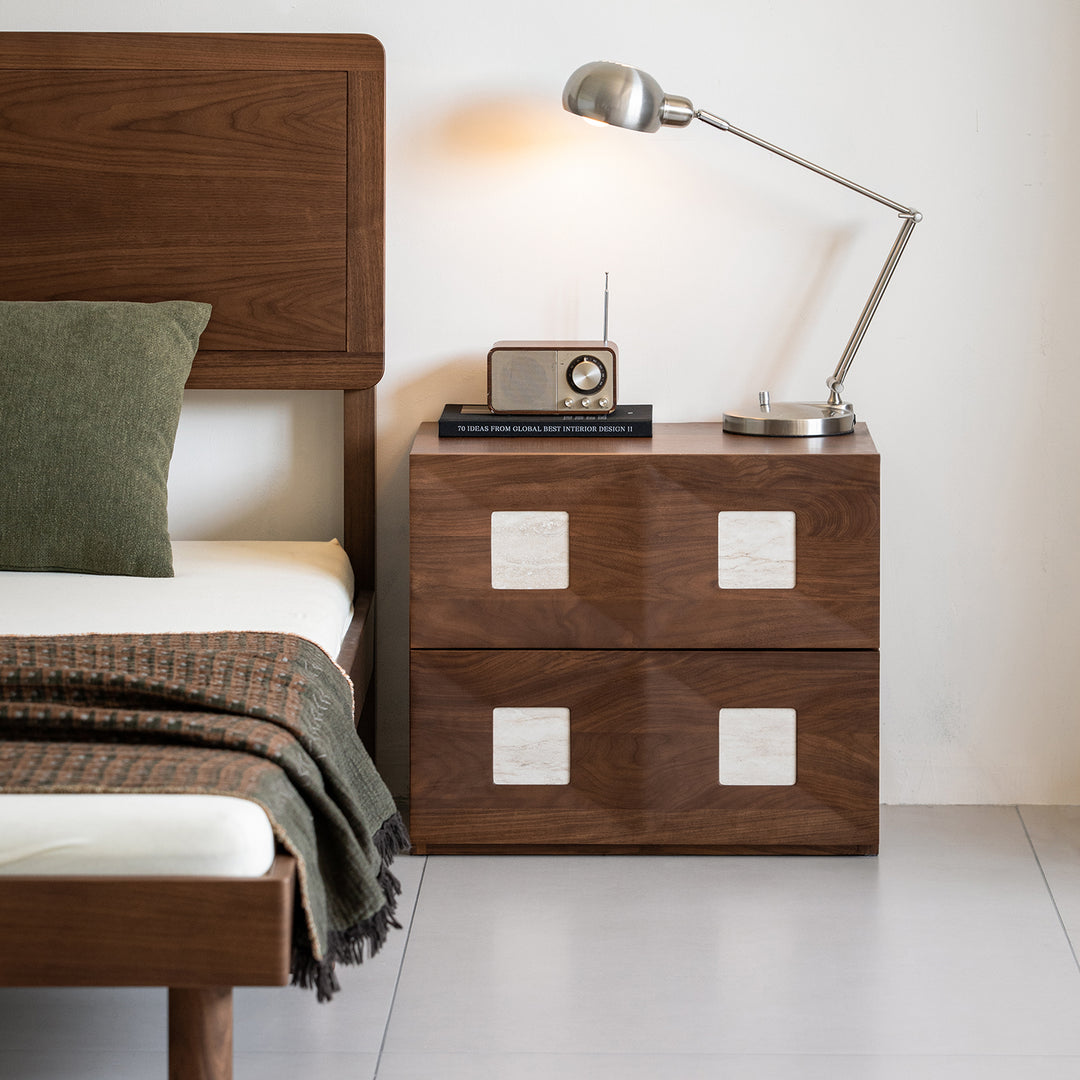 Japandi walnut wood modular cabinet solo in still life.